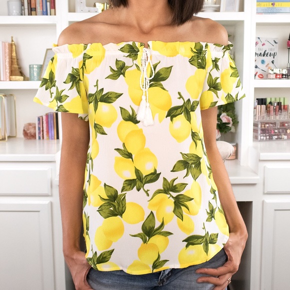 Infinity Raine Tops - Off the Shoulder Lemon Print Top